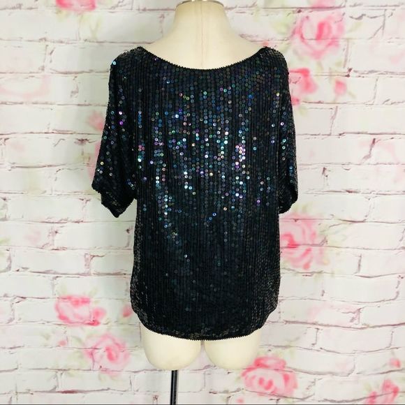🔥5 for $25 sale🔥 Vintage Rainbow sequins dolman floral front silk blouse - Picture 4 of 9